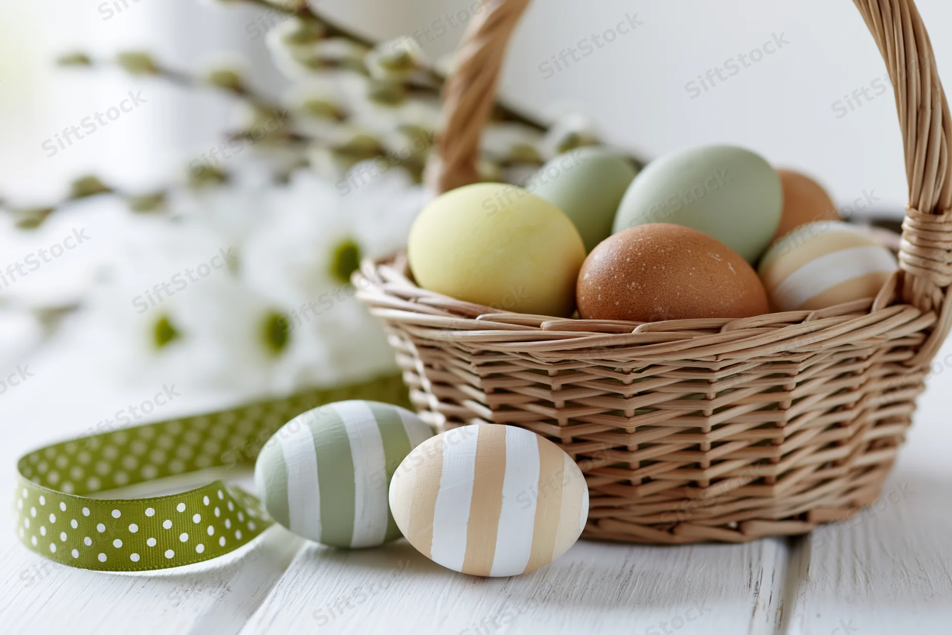 Wicker basket filled with decorated easter eggs on a white wooden table with floral branches and ribbon nearby