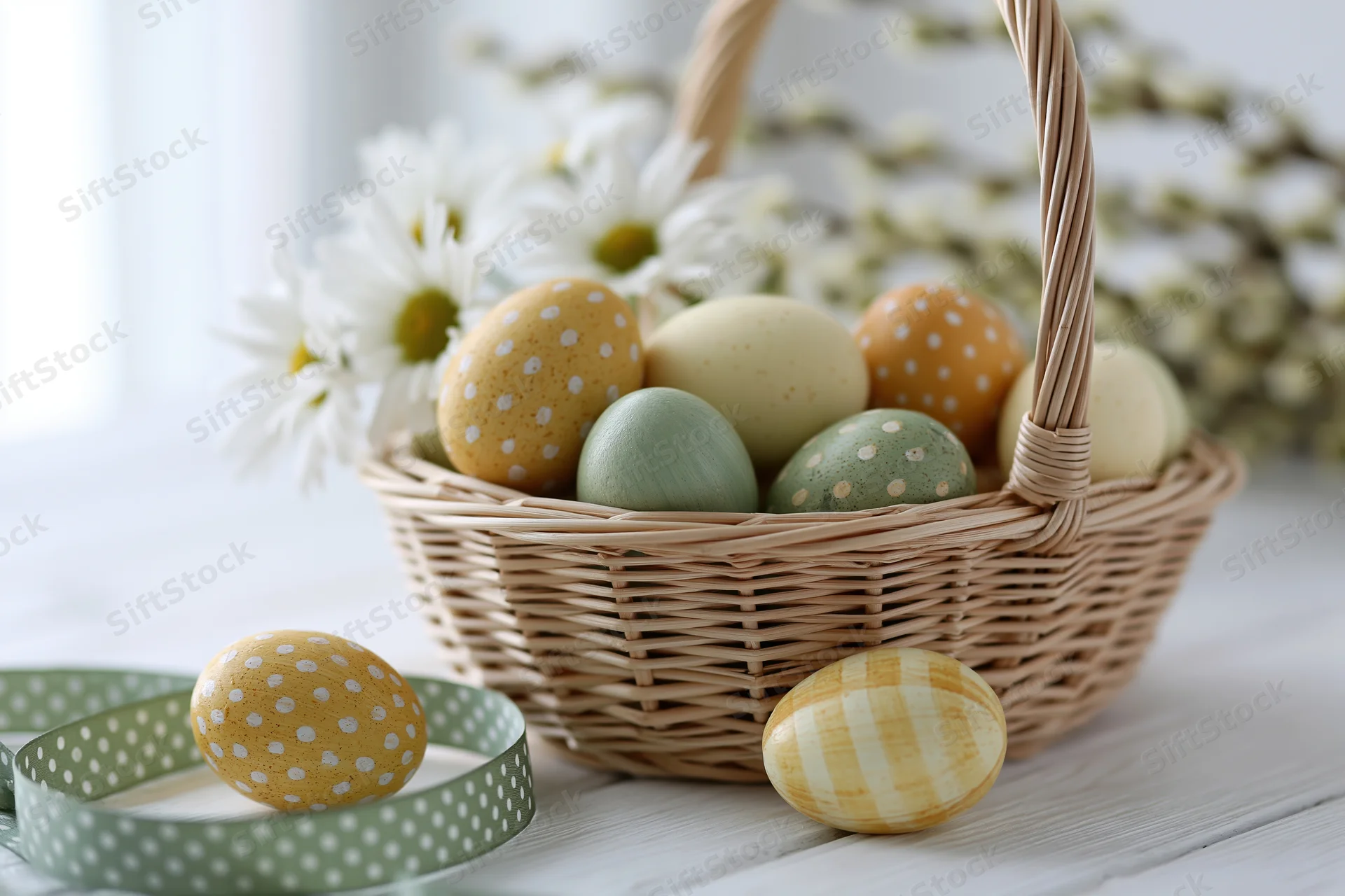 Wicker basket filled with decorated easter eggs on a wooden table with daisies and blossoms nearby