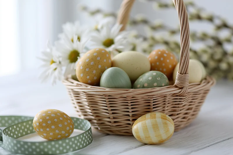 Wicker basket filled with decorated easter eggs on a wooden table with daisies and blossoms nearby