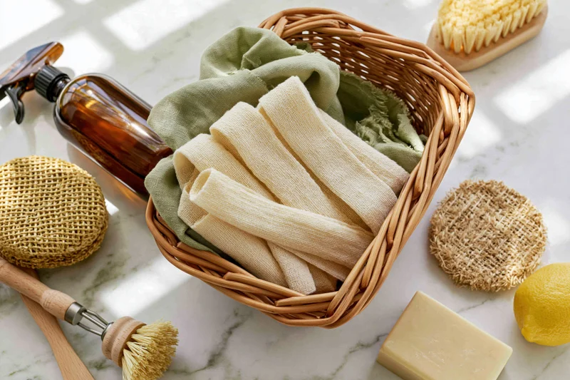 Folded reusable cotton cloth strips in a wicker basket on a marble countertop with cleaning tools and natural ingredients