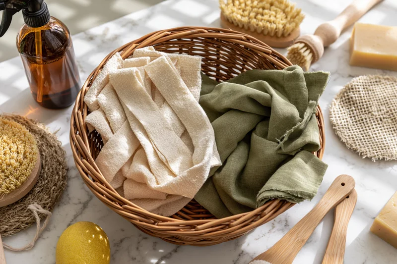 Wicker basket filled with folded reusable cotton cloth strips on marble countertop surrounded by natural cleaning tools