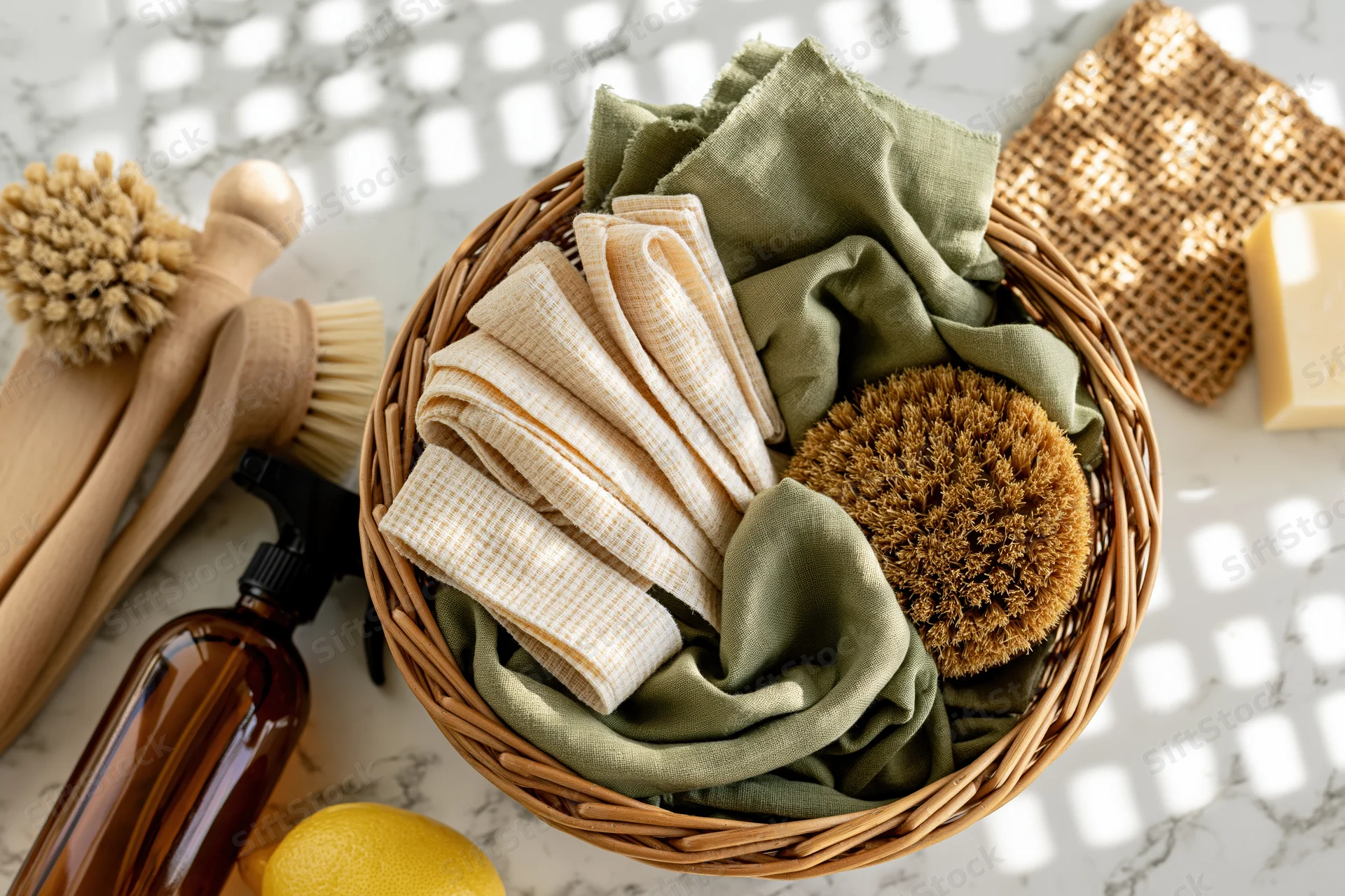 Wicker basket filled with folded reusable cotton cloth strips on marble surface with cleaning tools and natural ingredients around