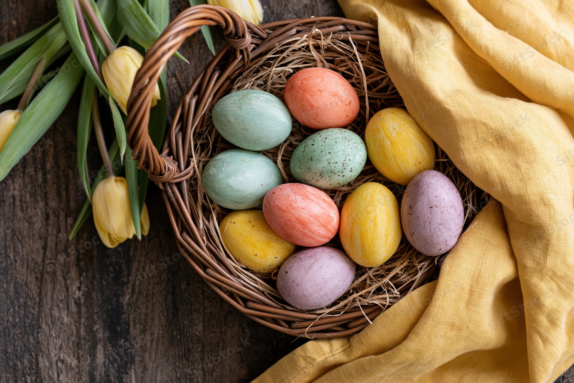 Wicker basket filled with hand-painted pastel easter eggs nestled in straw on wooden table beside yellow tulips and cloth
