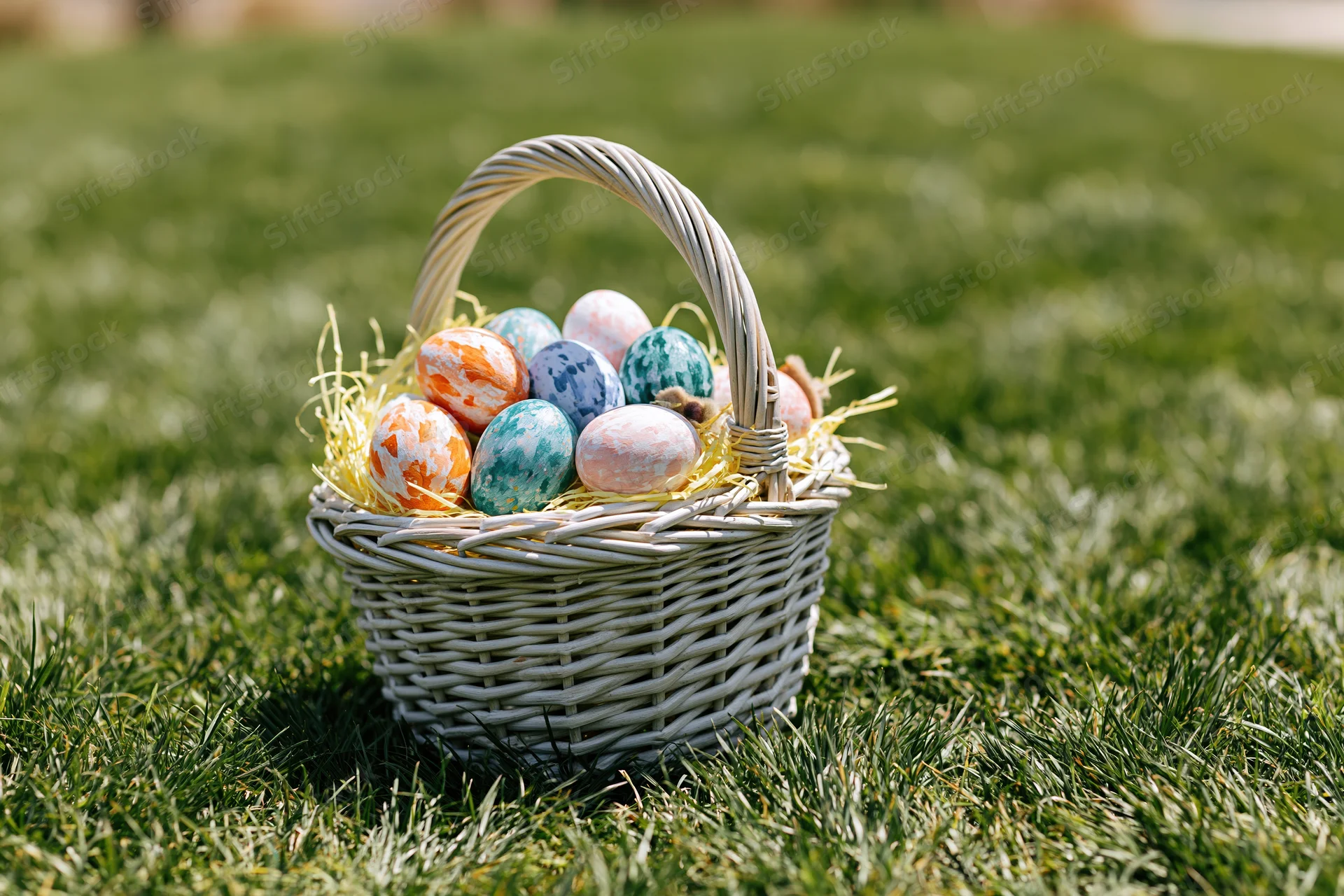 Wicker basket filled with hand-painted easter eggs on green grass