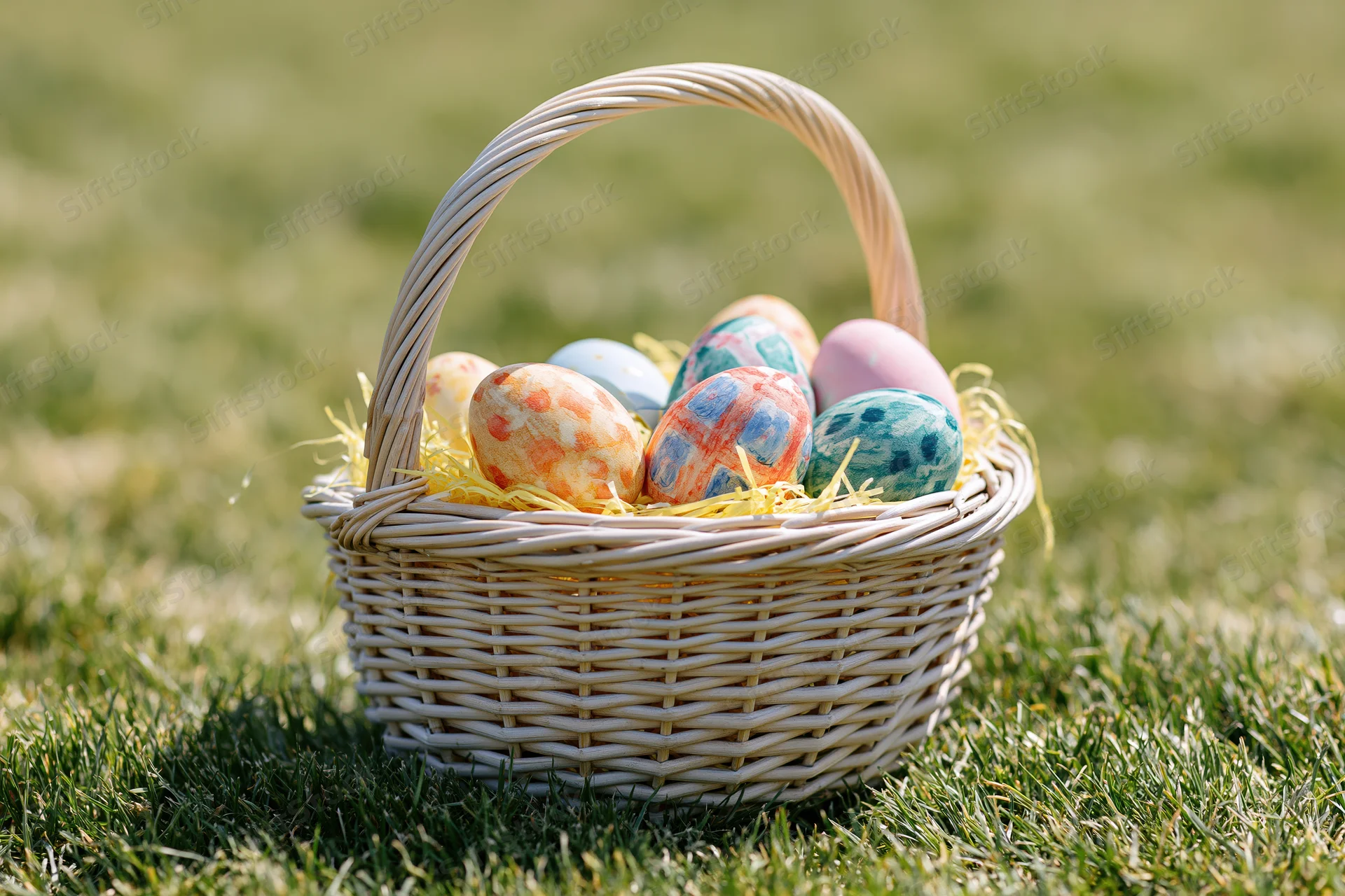 Wicker basket filled with hand-painted easter eggs on grass