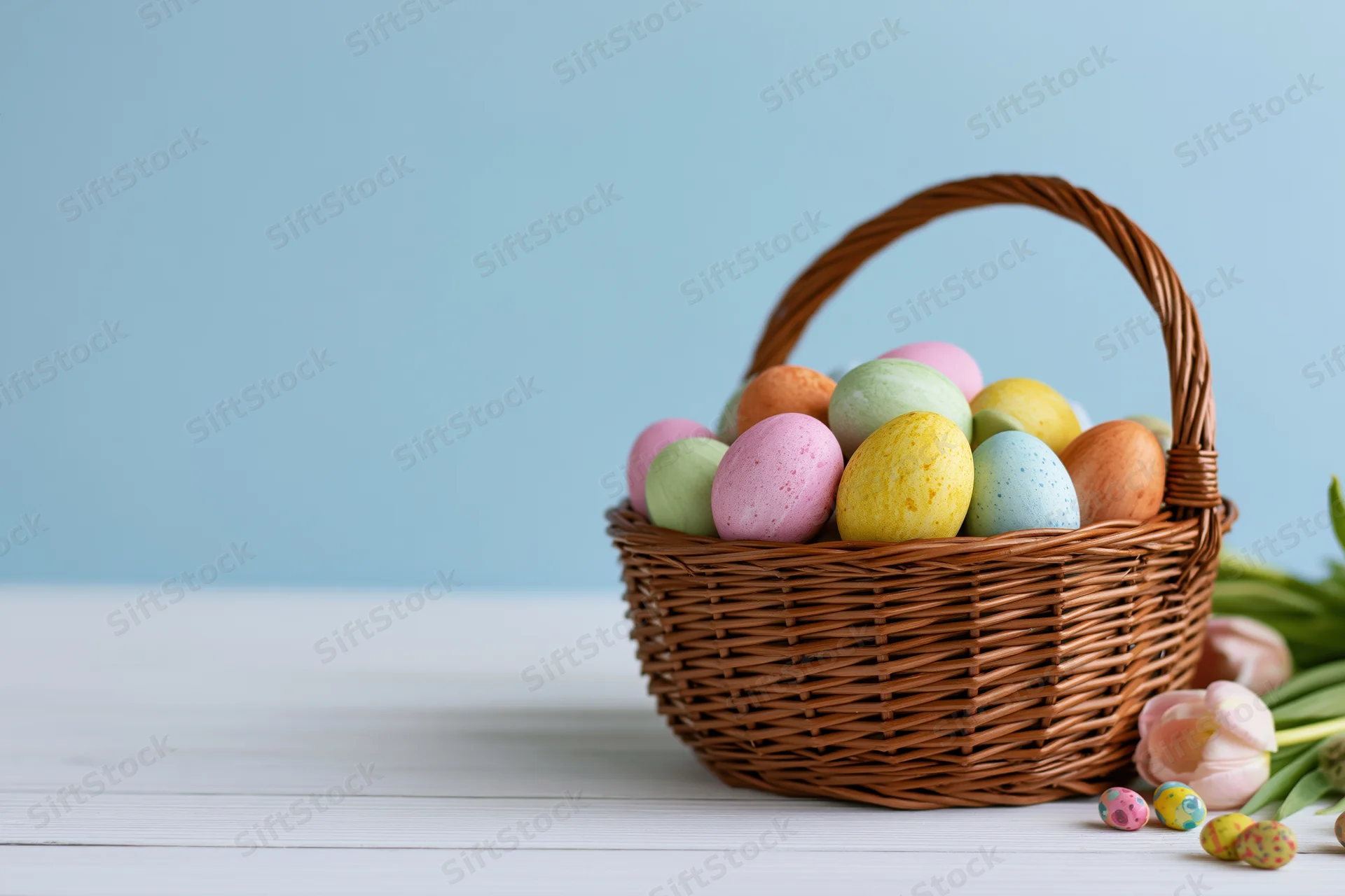 Wicker basket filled with pastel painted easter eggs on white wooden surface with tulips nearby