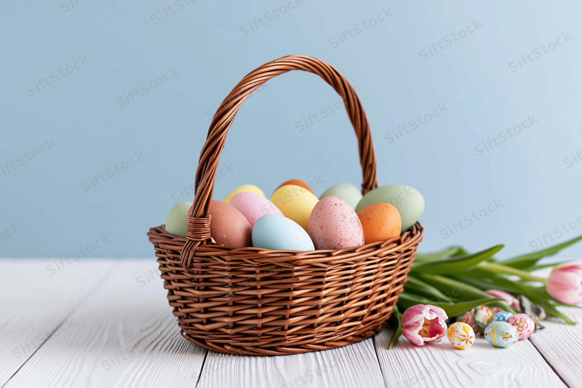 Wicker basket filled with pastel painted easter eggs on white wooden table beside tulips