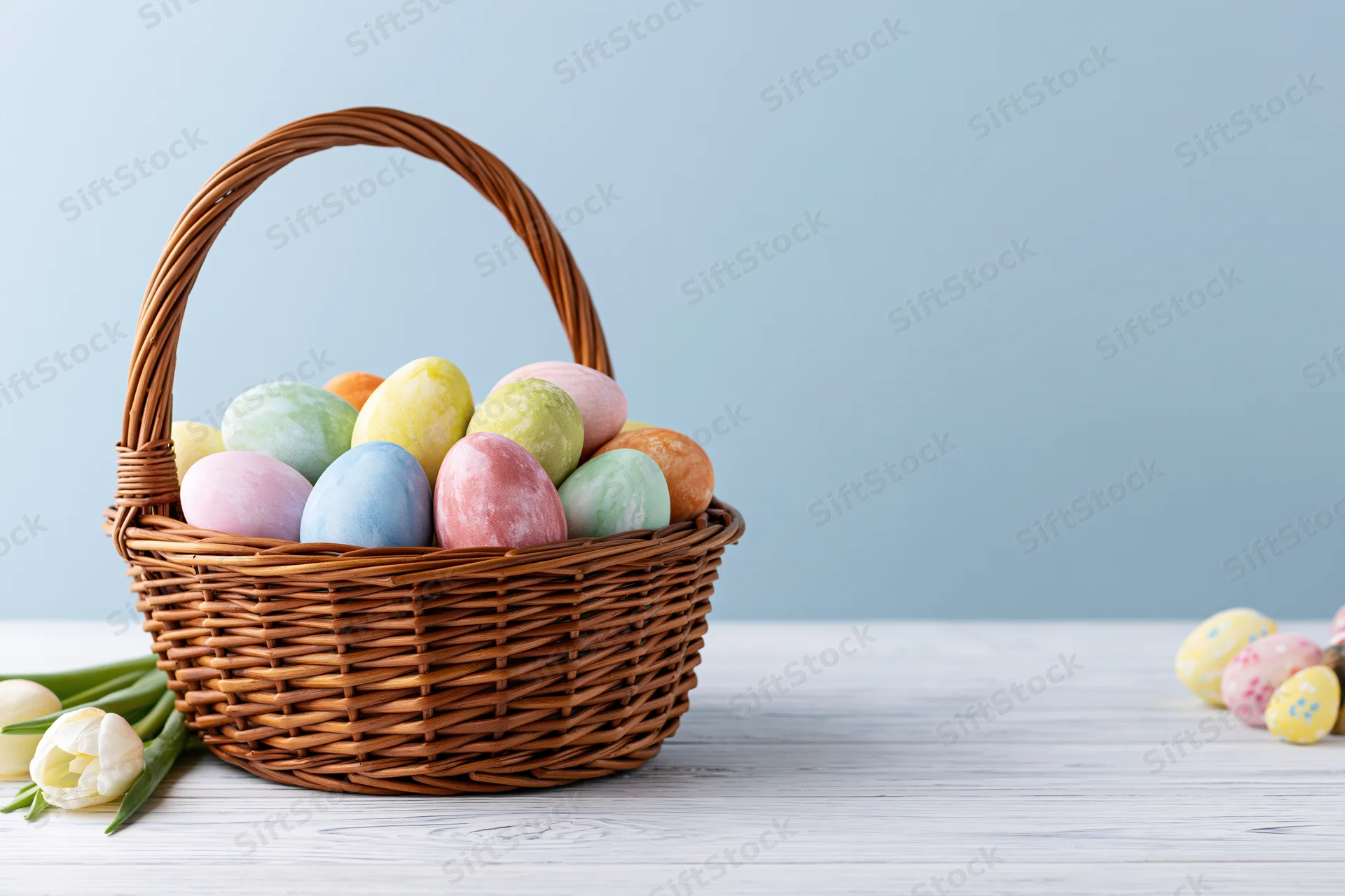 Wicker basket filled with pastel painted easter eggs on a white wooden table with tulips nearby
