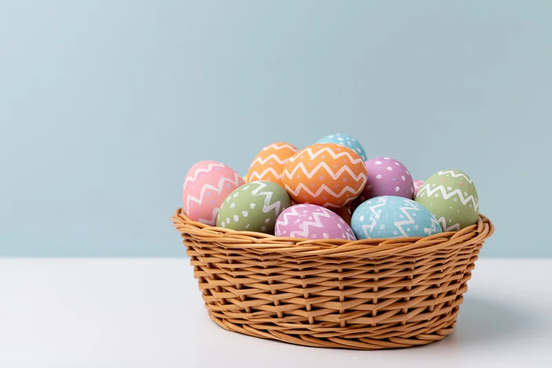 Wicker basket filled with painted easter eggs arranged on a white surface against a light blue background