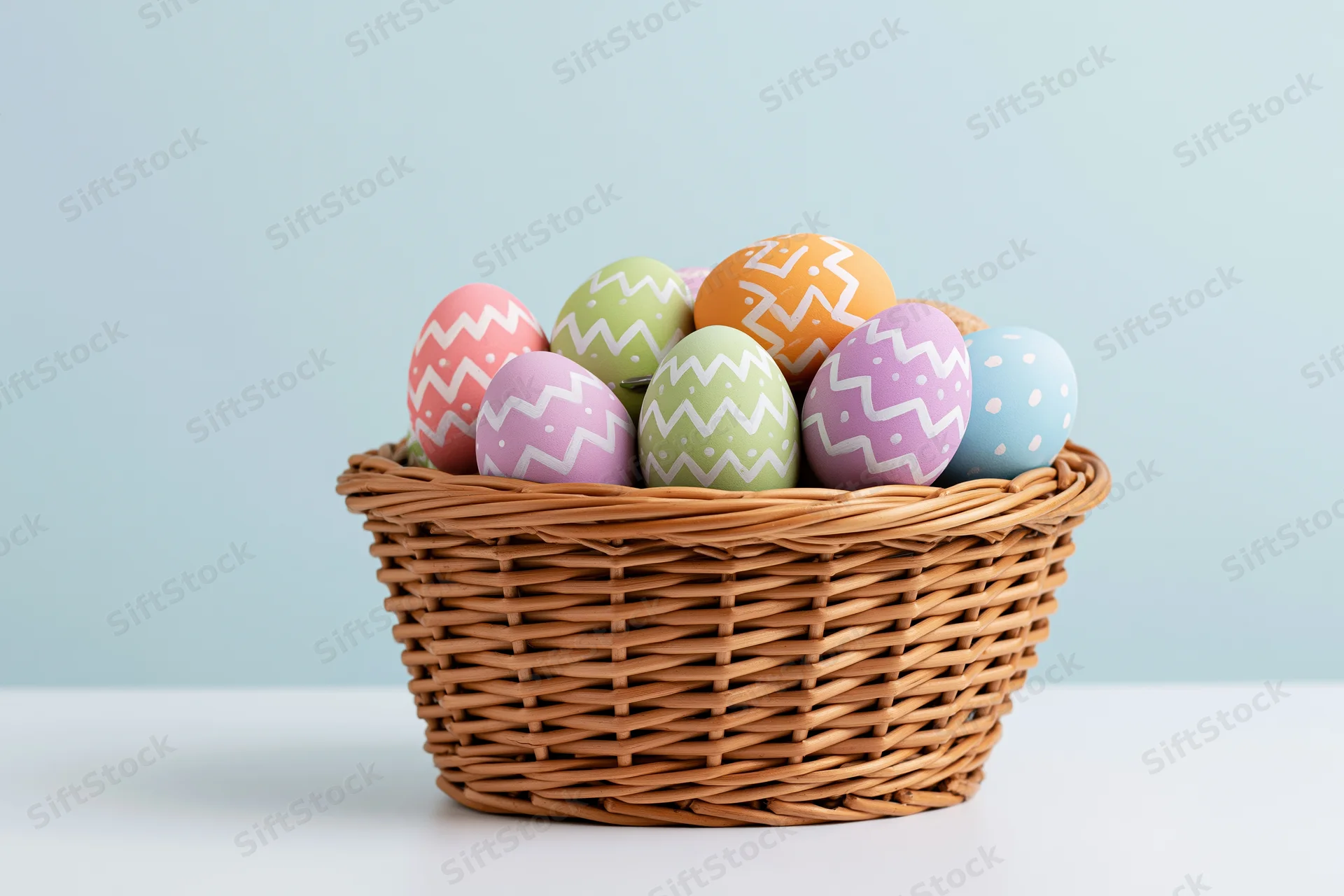 Wicker basket filled with painted easter eggs arranged on a white surface against a light blue background