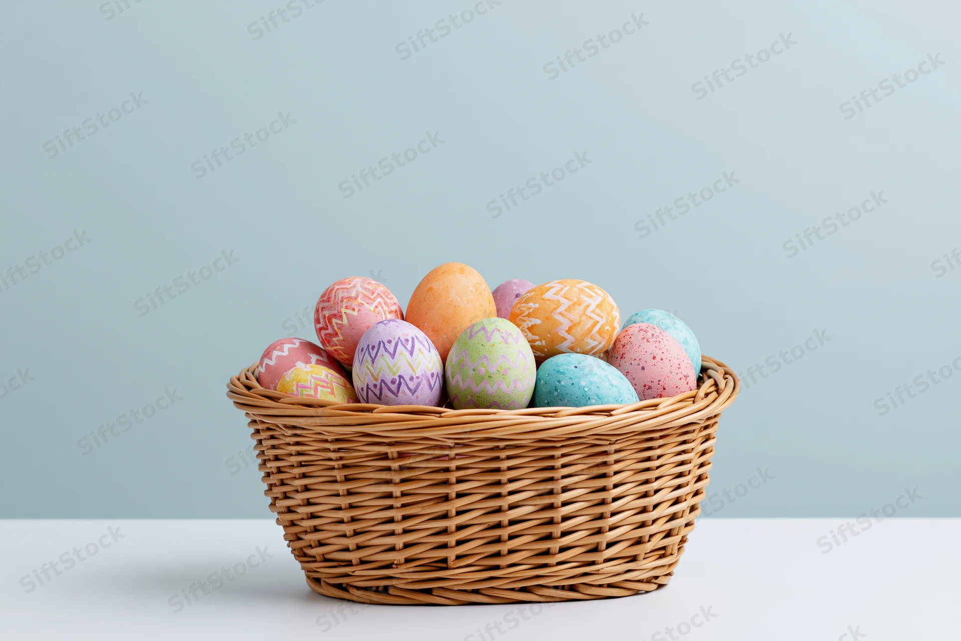 Wicker basket filled with painted easter eggs arranged on a white surface against a light blue background