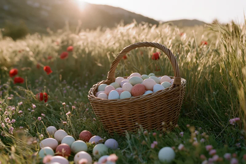 Wicker basket filled with pastel-colored easter eggs in a grassy field with wildflowers at sunrise