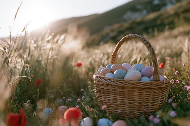 Wicker basket filled with pastel-colored easter eggs sitting in a sunlit grassy field with wildflowers and hills in the background