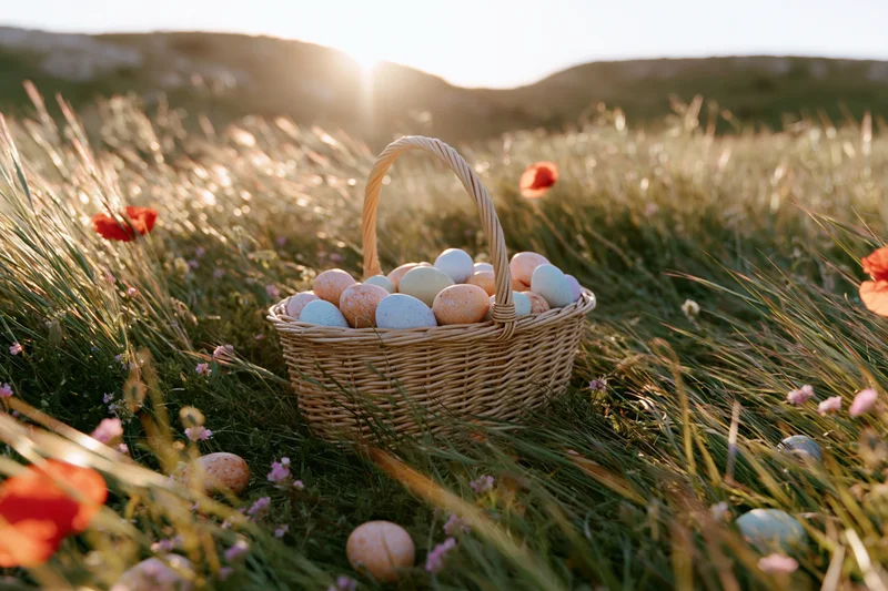 Wicker basket filled with pastel-colored easter eggs resting in a grassy field at sunset among wildflowers