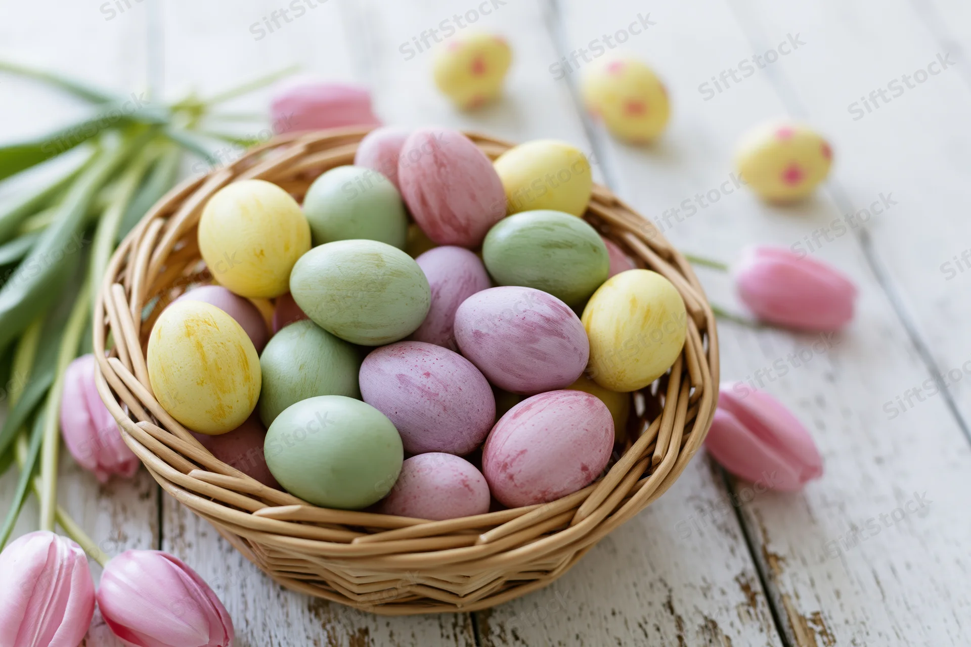 Wicker basket filled with pastel-painted easter eggs and pink tulips on a rustic wooden table