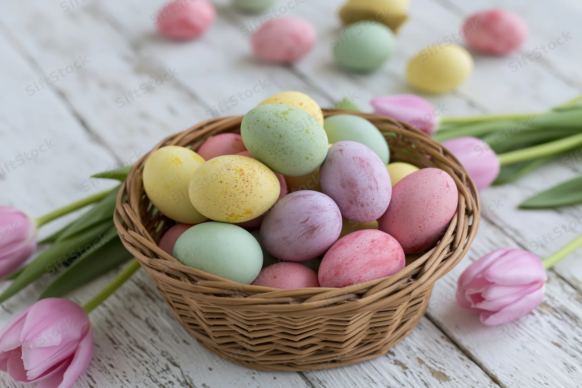 Wicker basket filled with pastel-painted easter eggs and pink tulips on a white wooden surface