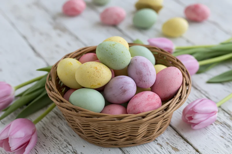 Wicker basket filled with pastel-painted easter eggs and pink tulips on a white wooden surface