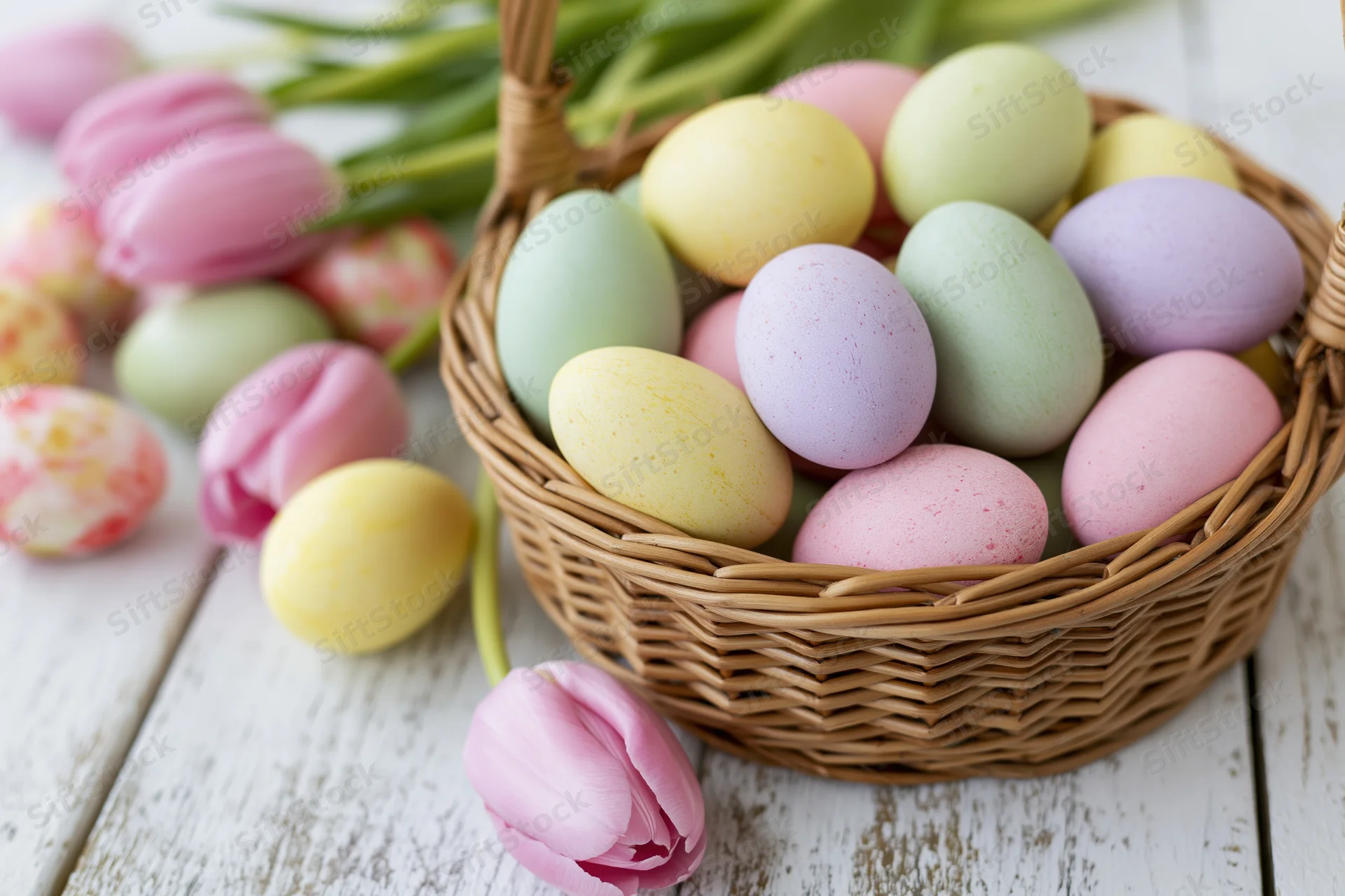 Wicker basket filled with pastel-painted easter eggs and pink tulips on a white wooden table