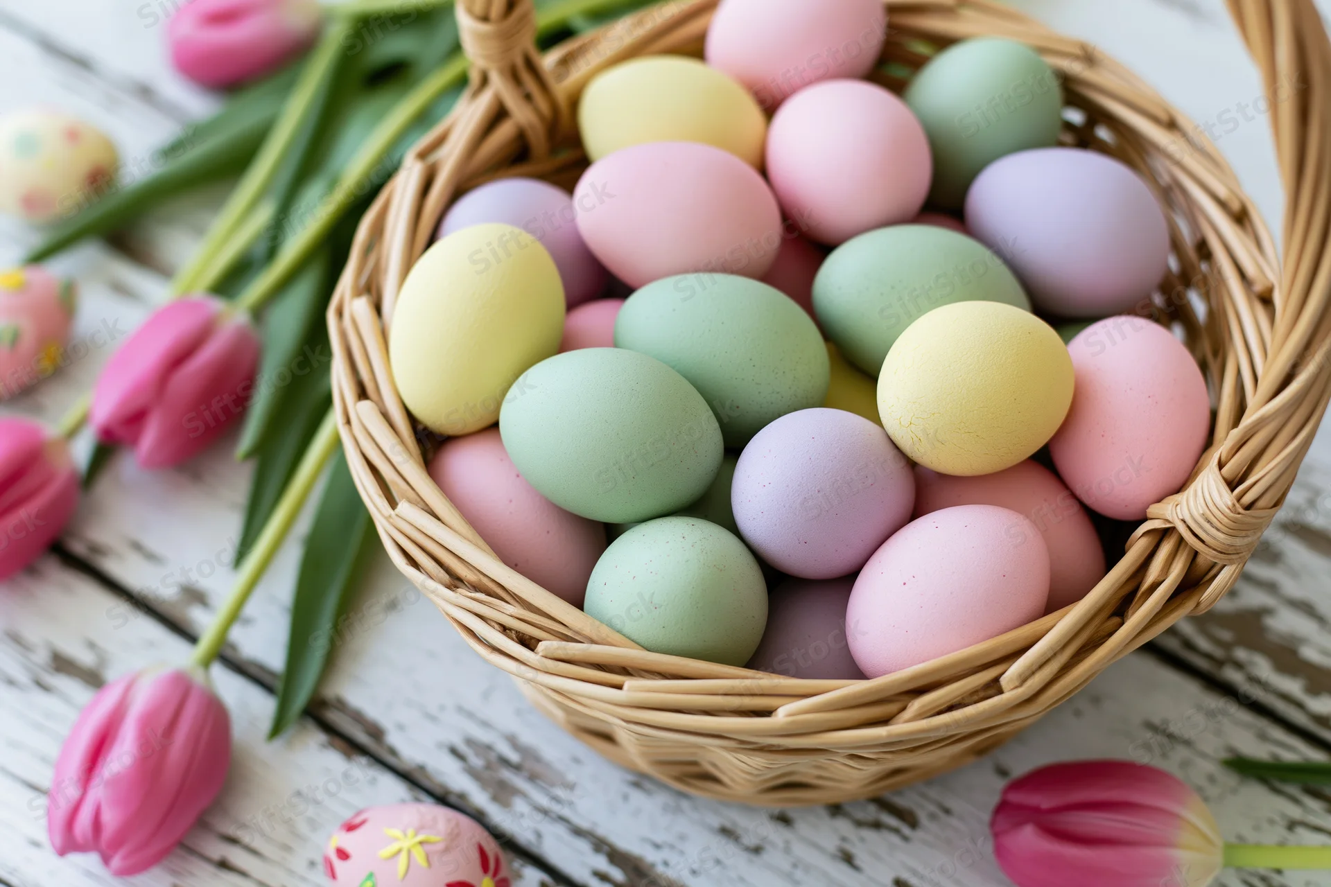 Wicker basket filled with pastel-painted Easter eggs on a rustic wooden table with pink tulips scattered around