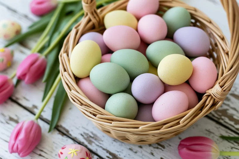 Wicker basket filled with pastel-painted Easter eggs on a rustic wooden table with pink tulips scattered around