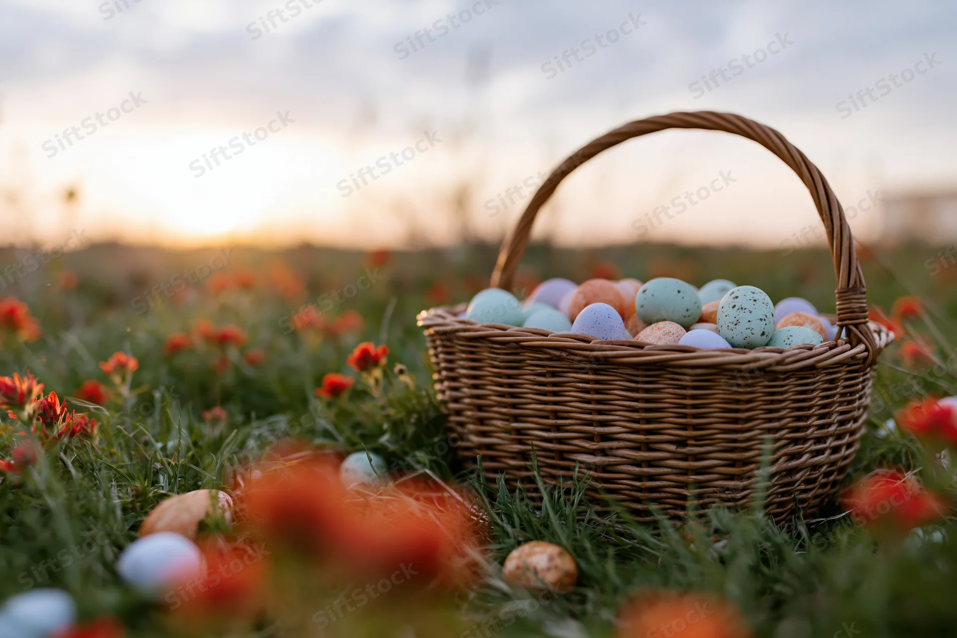Wicker basket filled with pastel-painted easter eggs sitting in a grassy field with orange flowers at sunset