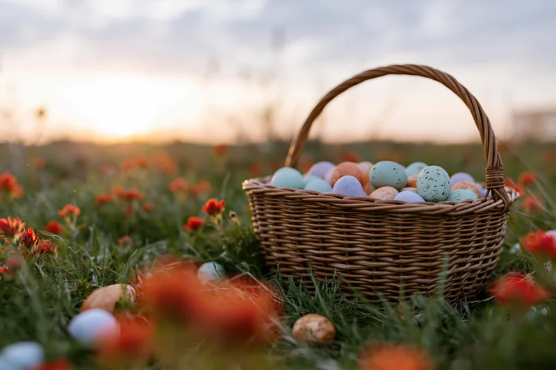 Wicker basket filled with pastel-painted easter eggs sitting in a grassy field with orange flowers at sunset