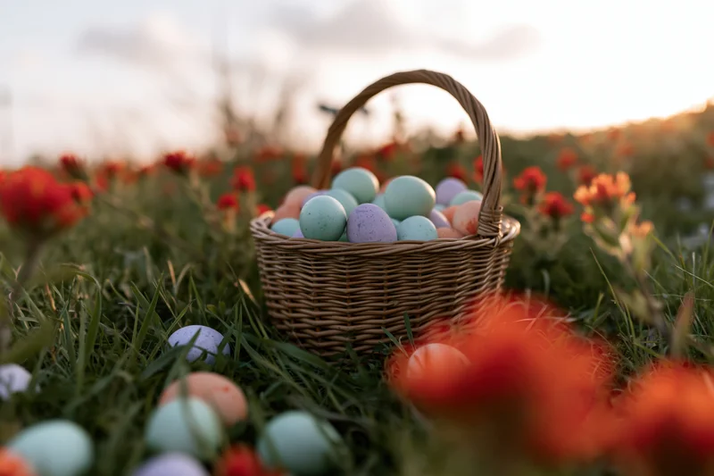 Wicker basket filled with pastel-painted easter eggs sitting in a grassy field with red clover flowers at springtime