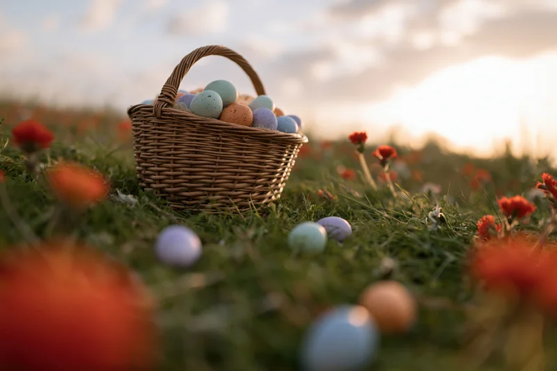 Wicker basket filled with pastel-painted easter eggs sitting in a grassy field with blooming red flowers at golden hour