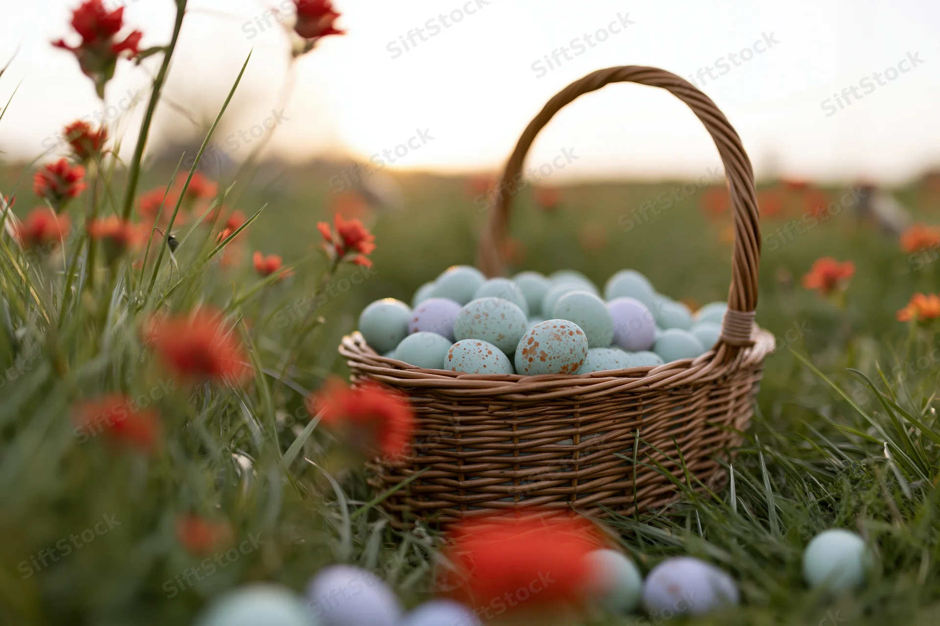 Wicker basket filled with pastel-painted easter eggs sitting in a grassy field with red flowers at sunrise