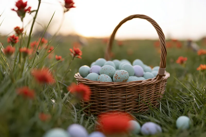 Wicker basket filled with pastel-painted easter eggs sitting in a grassy field with red flowers at sunrise