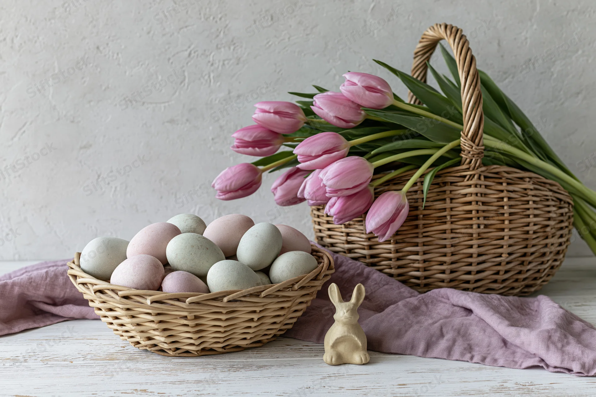 Wicker basket filled with pastel easter eggs and pink tulips on a white table with a bunny figurine and lavender cloth