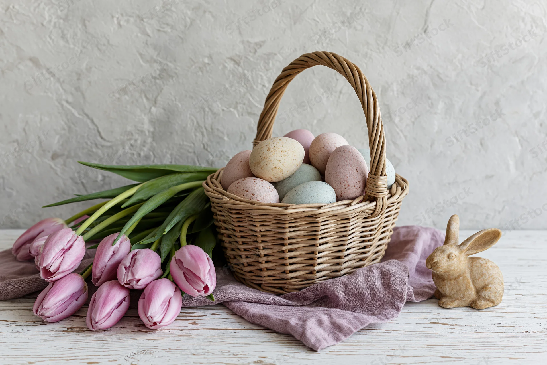 Wicker basket filled with pastel easter eggs and pink tulips on a wooden table with a rabbit figurine and cloth napkin