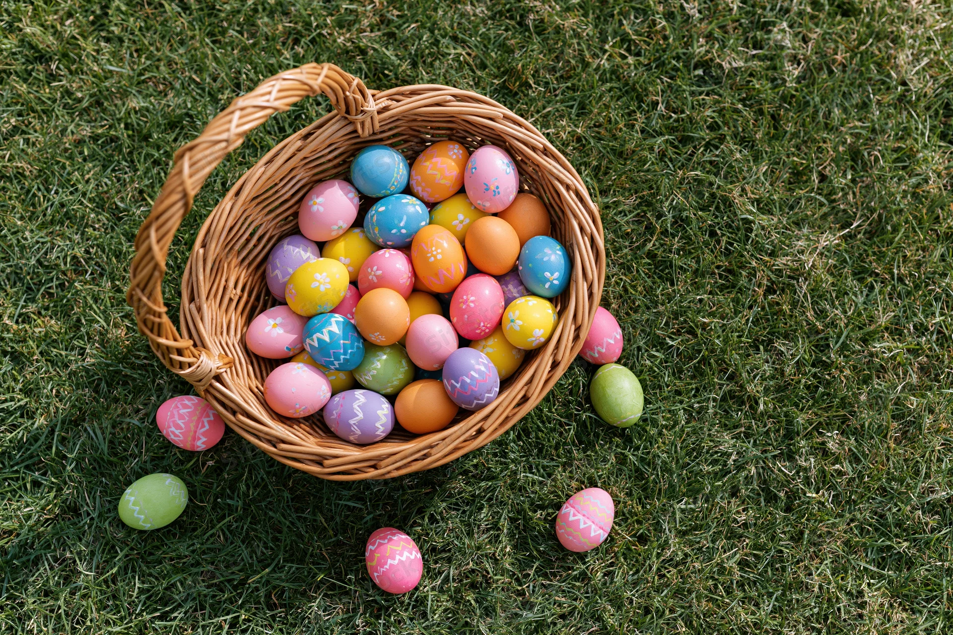Wicker basket overflowing with hand-painted easter eggs scattered on green grass