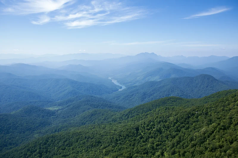 Aerial view of rolling forested hills and a winding river in a mountain valley