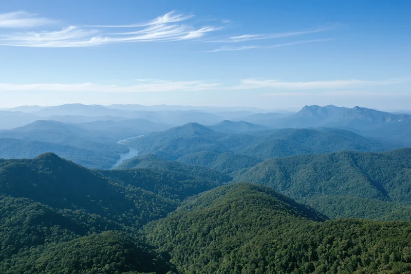 Aerial view of rolling forested hills receding into the distance under a clear blue sky