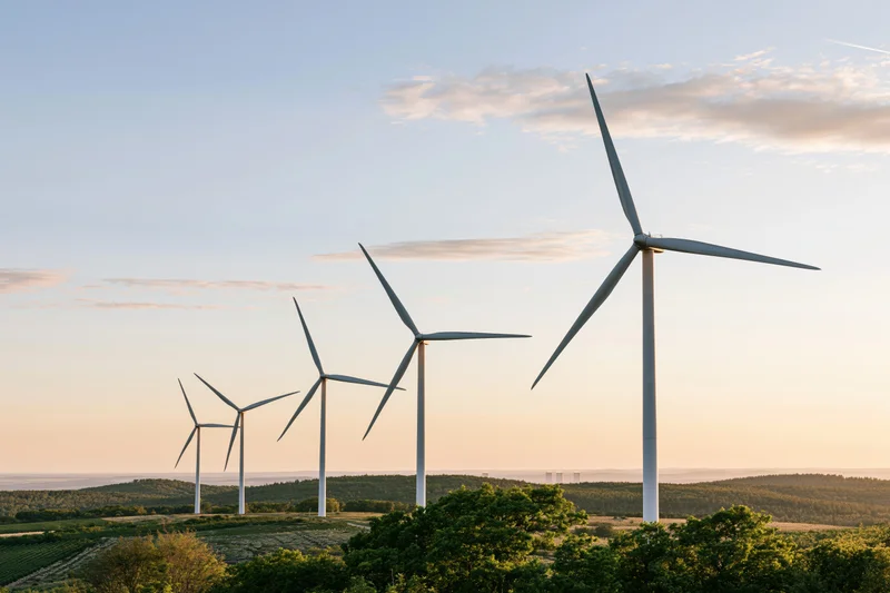 Wind turbines lined across a rolling green rural landscape at sunset
