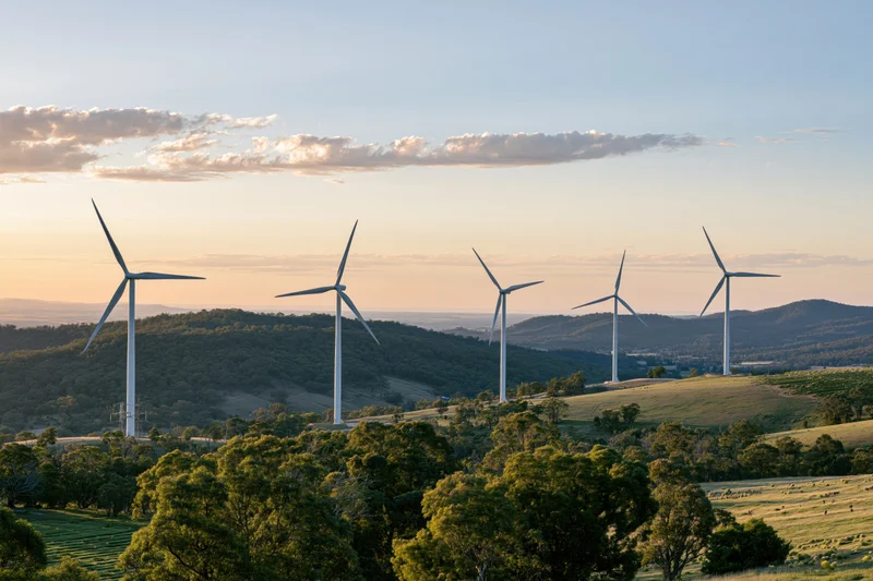 Wind turbines standing across a rolling green rural landscape at sunset