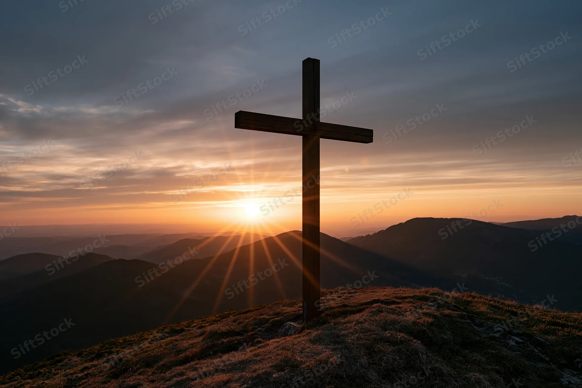 Wooden cross silhouetted on a hilltop at sunset overlooking mountainous landscape