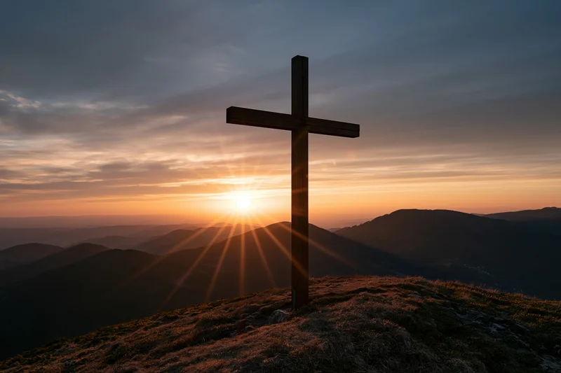 Wooden cross silhouetted on a hilltop at sunset overlooking mountainous landscape