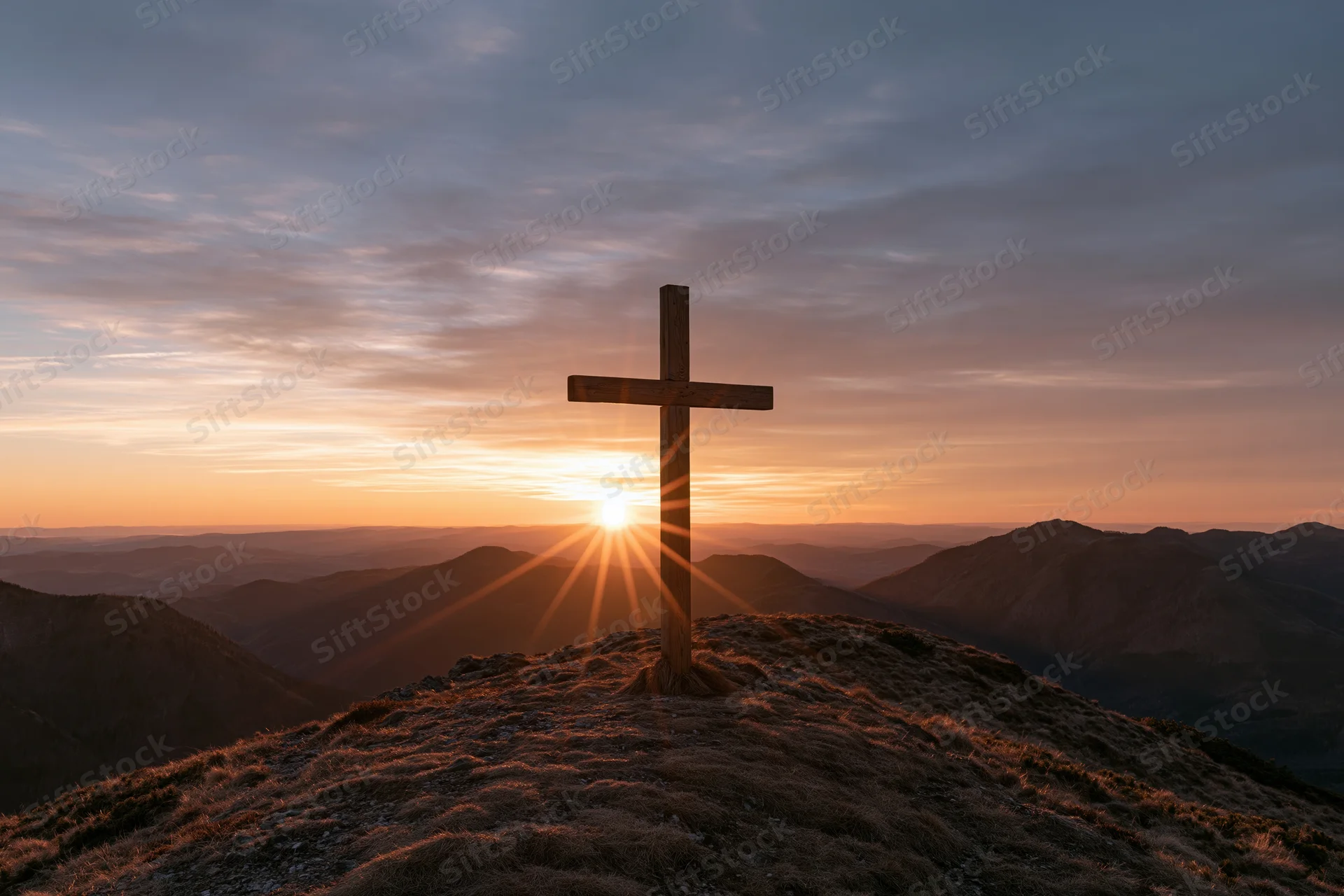 Wooden cross silhouetted on a hilltop at sunset overlooking mountainous landscape
