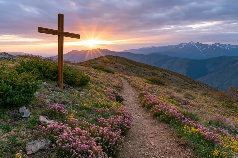 Wooden cross on a wildflower-covered hillside at sunset with a mountain range in the background and a dirt path leading through the meadow