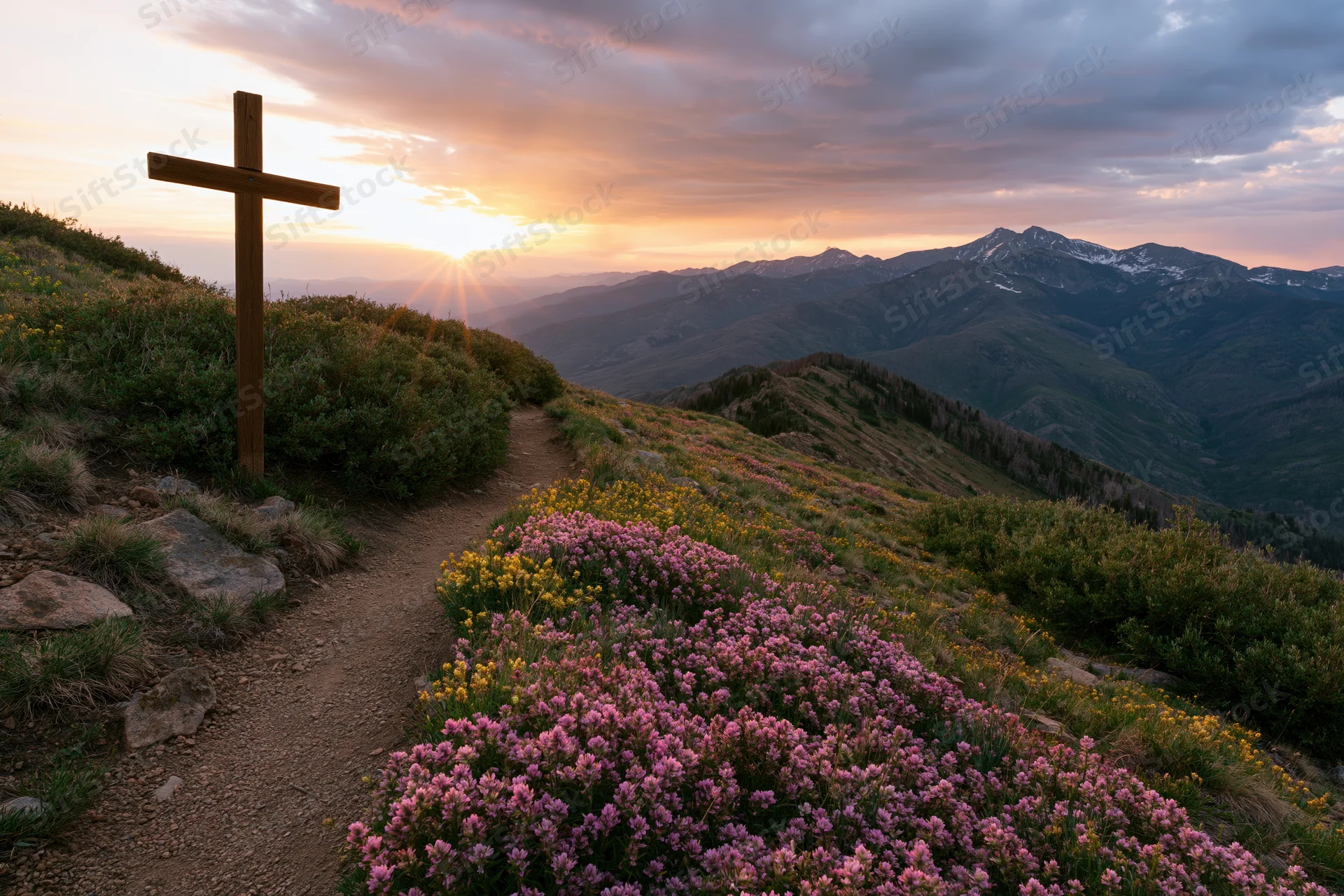 Wooden cross on a wildflower-covered hillside at sunset overlooking mountains and valleys