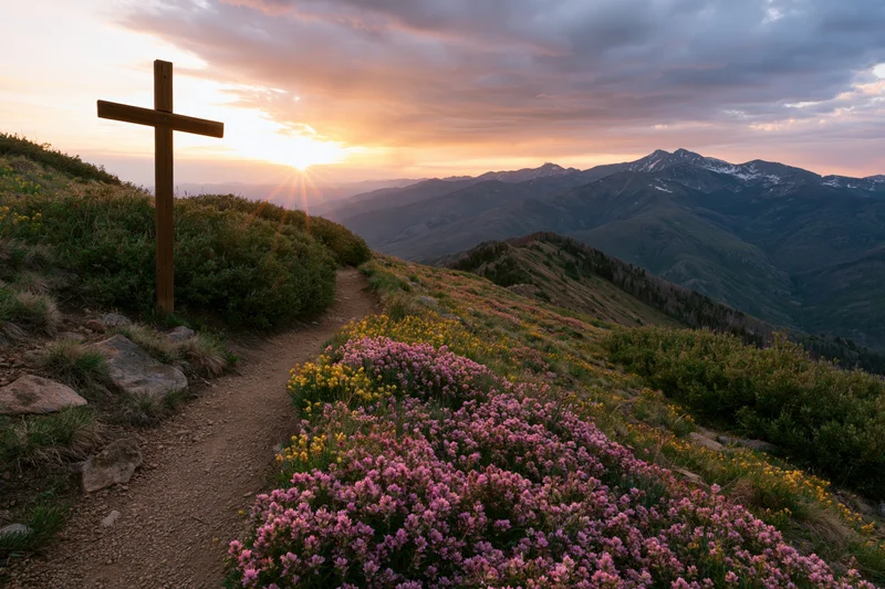 Wooden cross on a wildflower-covered hillside at sunset overlooking mountains and valleys