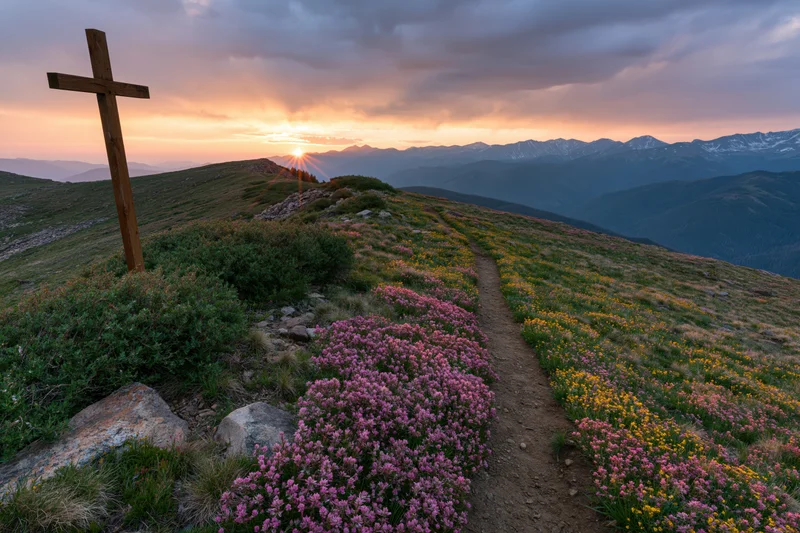 Wooden cross on a wildflower-covered hillside at sunset with mountain range in background