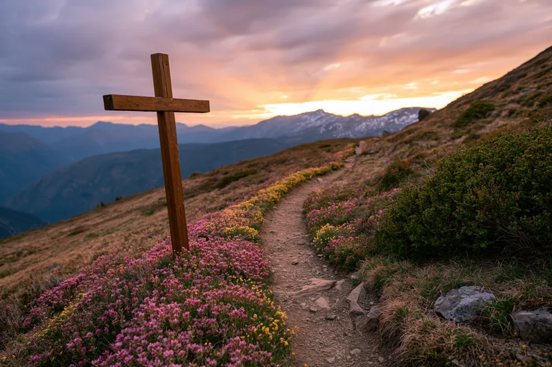 Wooden cross standing on a wildflower-covered hillside at sunset with mountain range in background