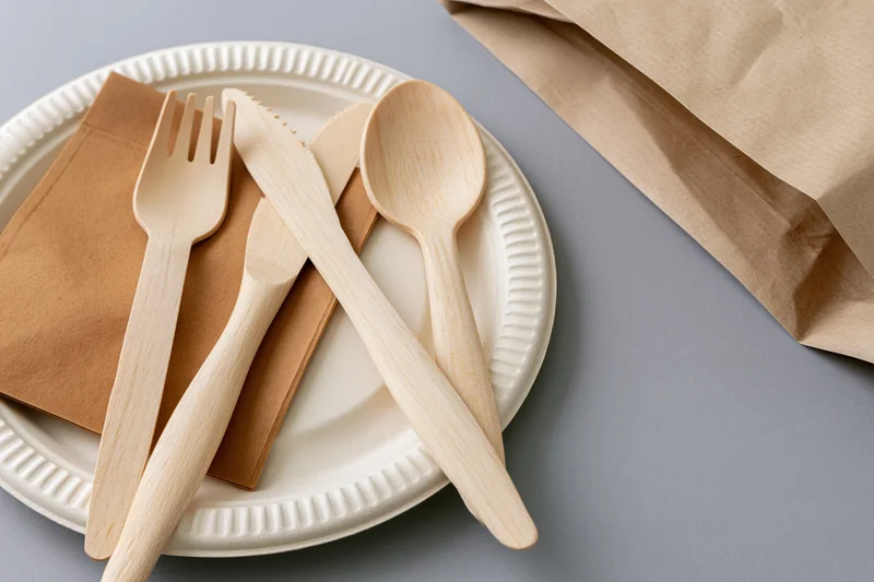 Wooden disposable cutlery set with fork knife and spoon resting on a paper plate with napkin and bag nearby