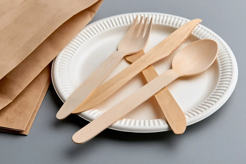 Wooden disposable cutlery set fork knife and spoon resting on white paper plate with brown paper bag on gray surface