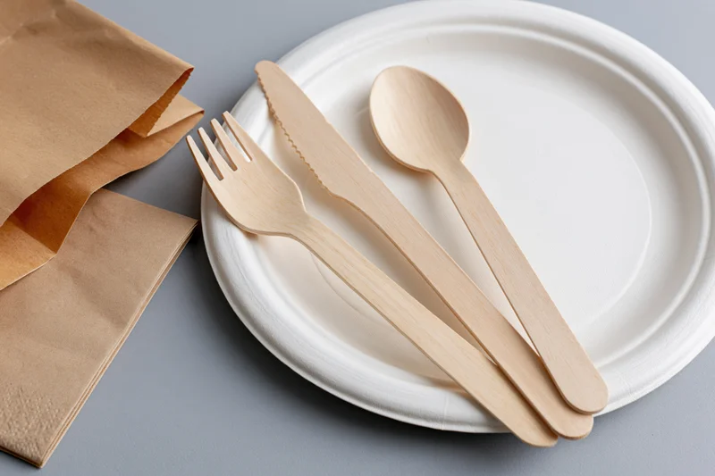 Wooden disposable cutlery set with fork knife and spoon resting on white paper plate beside brown paper bag and napkin