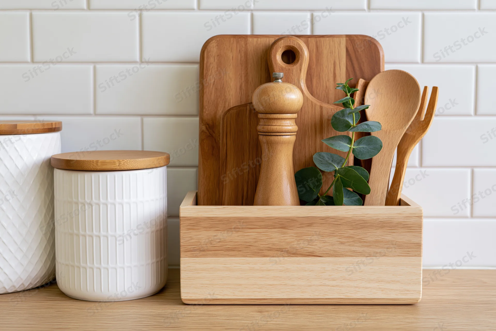 Wooden kitchen organizer holding cutting boards, pepper grinder, spoons, and eucalyptus on countertop
