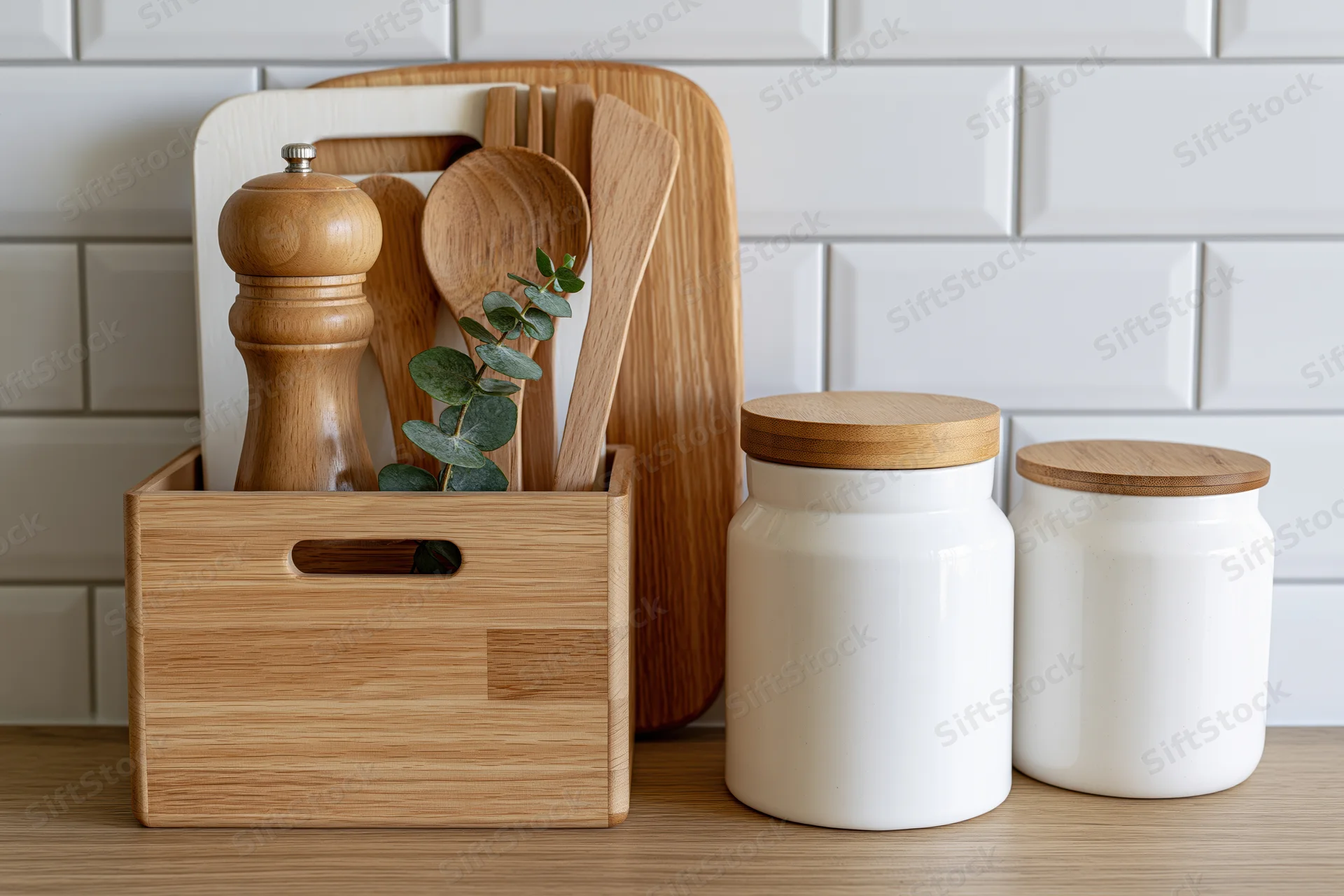 Wooden kitchen organizer holding cutting boards, utensils and a pepper grinder on a countertop with white tiled backsplash